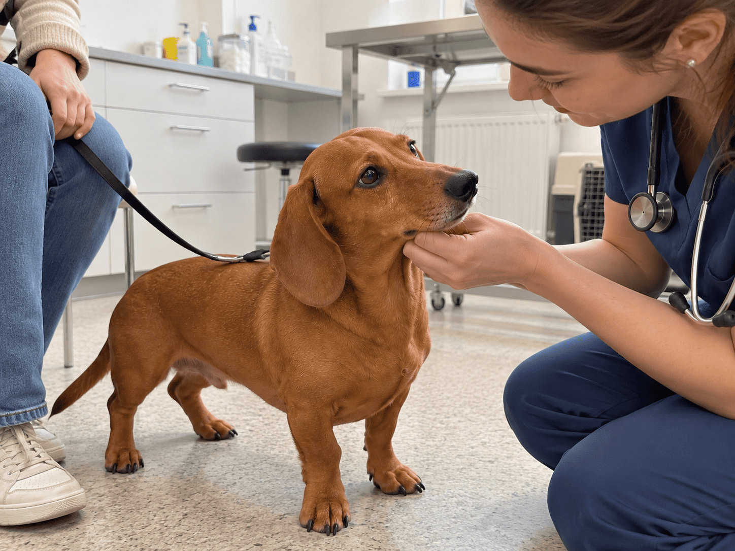 Veterinárka pokojne vyšetruje papuľu dospelého jazvečíka na klinike
